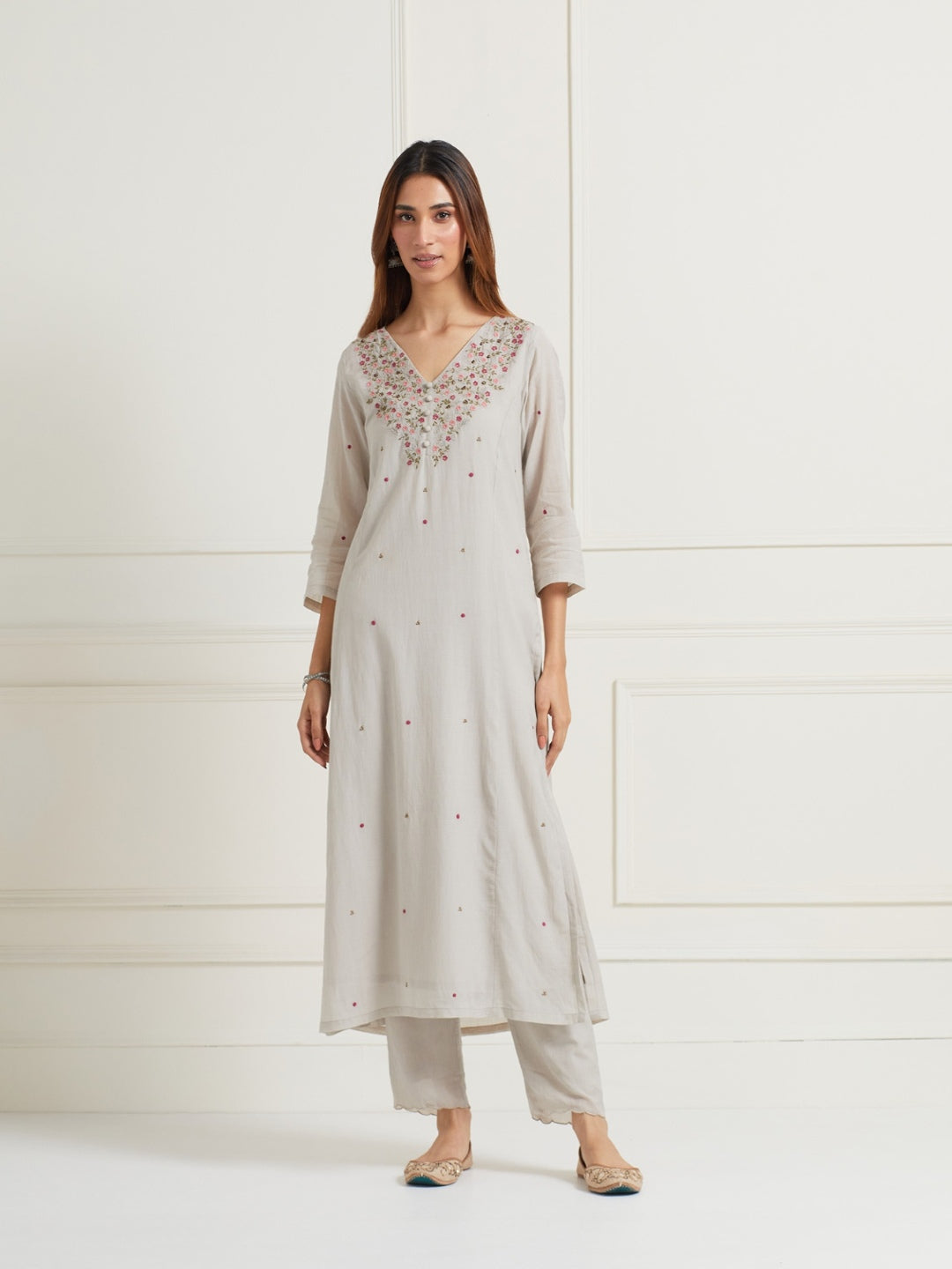 PASTEL GREY EMBROIDERED & EMBELLISHED KURTI WITH PANTS