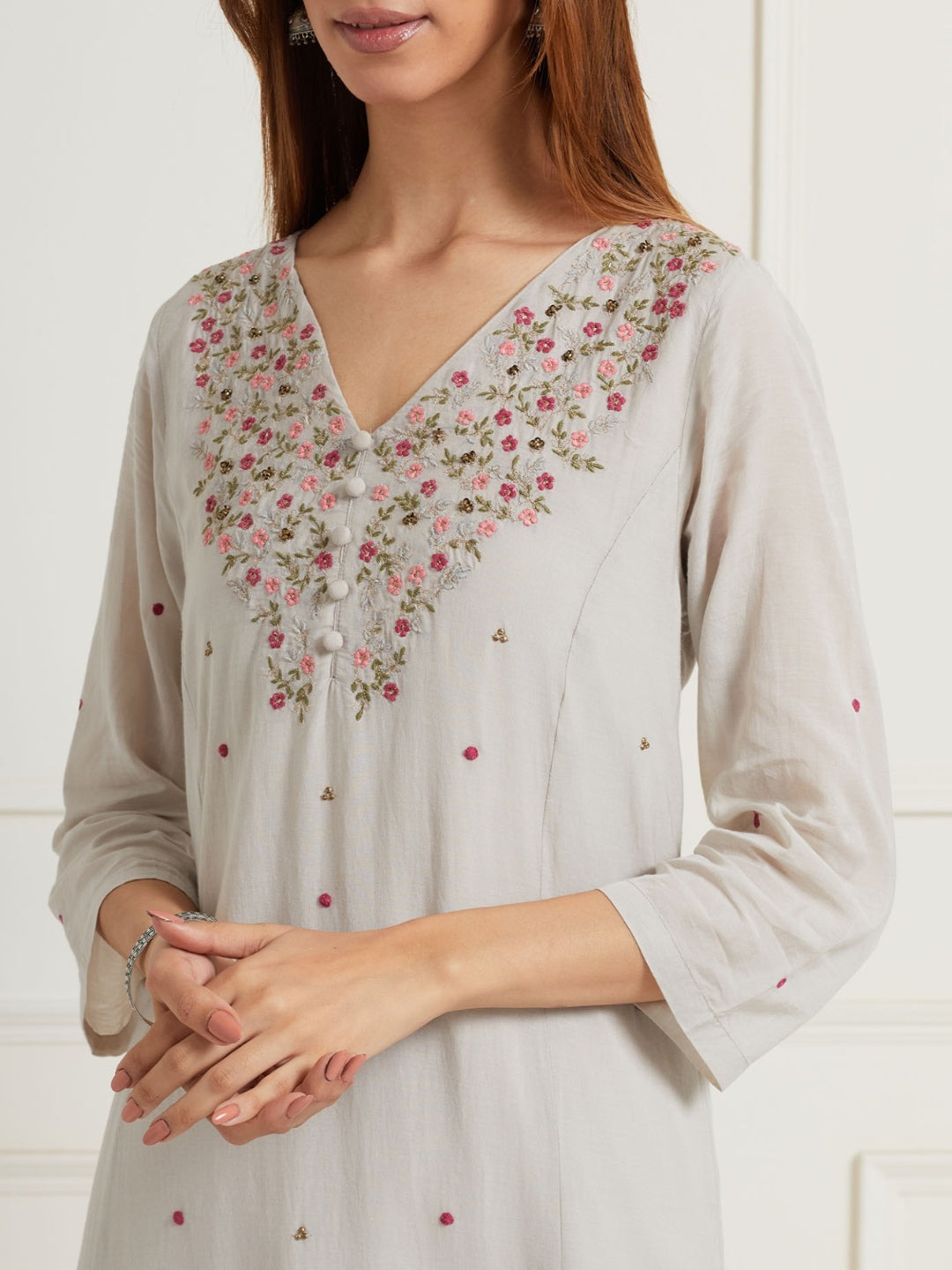 PASTEL GREY EMBROIDERED & EMBELLISHED KURTI WITH PANTS