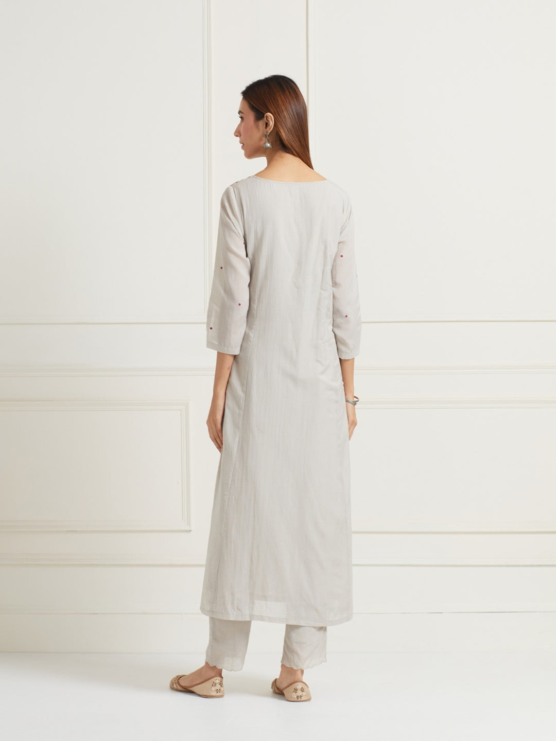 PASTEL GREY EMBROIDERED & EMBELLISHED KURTI WITH PANTS