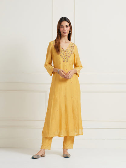 MUSTARD YELLOW EMBROIDERED & EMBELLISHED KURTI