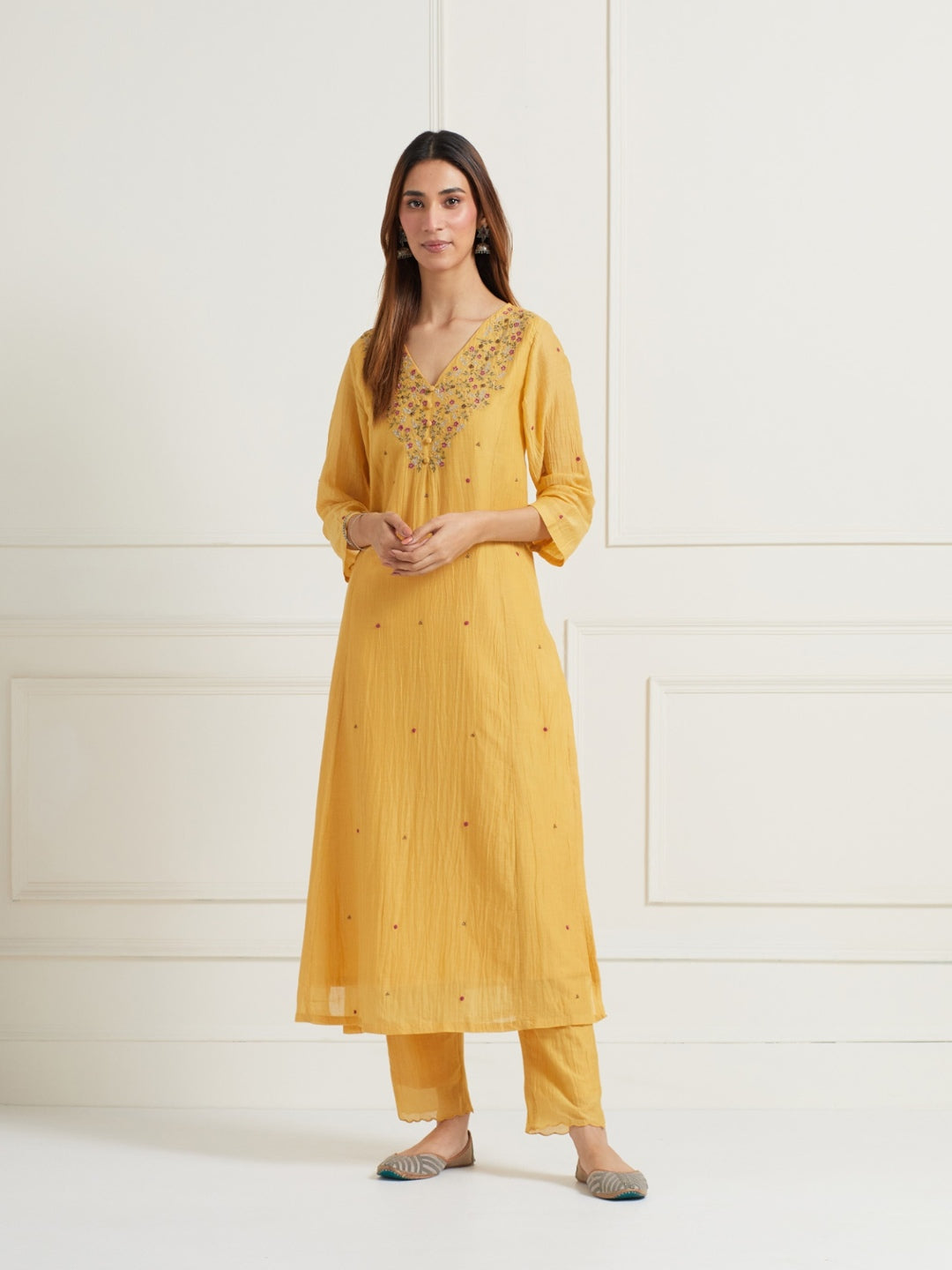 MUSTARD YELLOW EMBROIDERED & EMBELLISHED KURTI