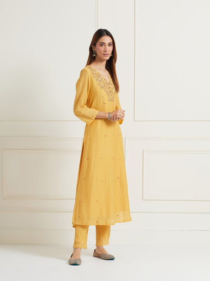 MUSTARD YELLOW EMBROIDERED & EMBELLISHED KURTI