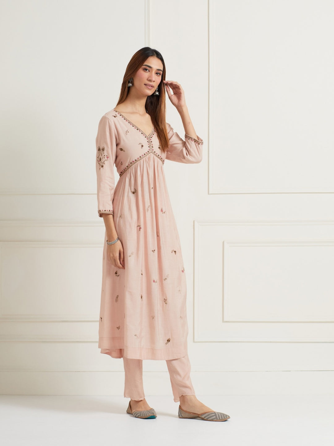 OLD ROSE A-LINE GATHERED CHANDERI KURTI