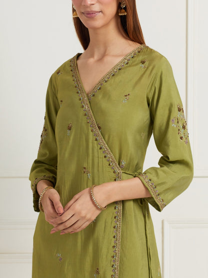 SAGE GREEN ANGRAKHA CHANDERI KURTI WITH PANTS AND DUPATTA (SET OF DUPATTA)