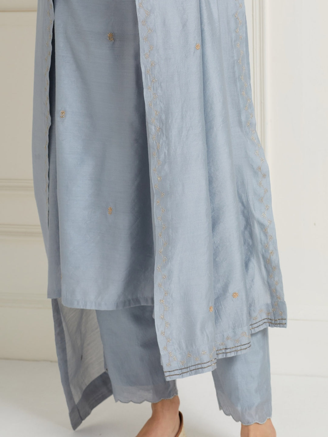 POWDER BLUE EMBROIDERED WITH HANDWORK CHANDERI KURTI WITH PANTS AND DUPATTA (SET OF THREE)