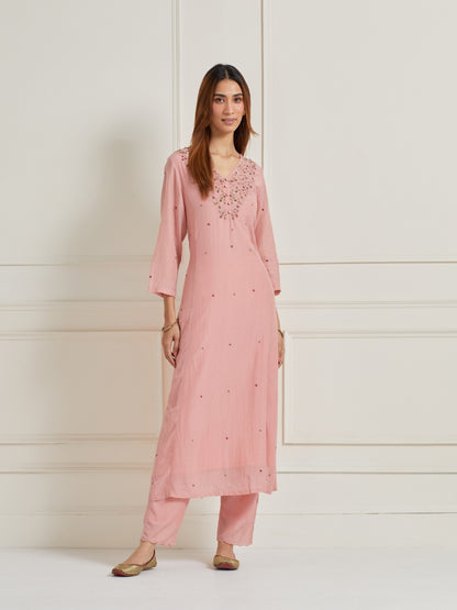 LIGHT PINK EMBROIDERED & EMBELLISHED KURTI