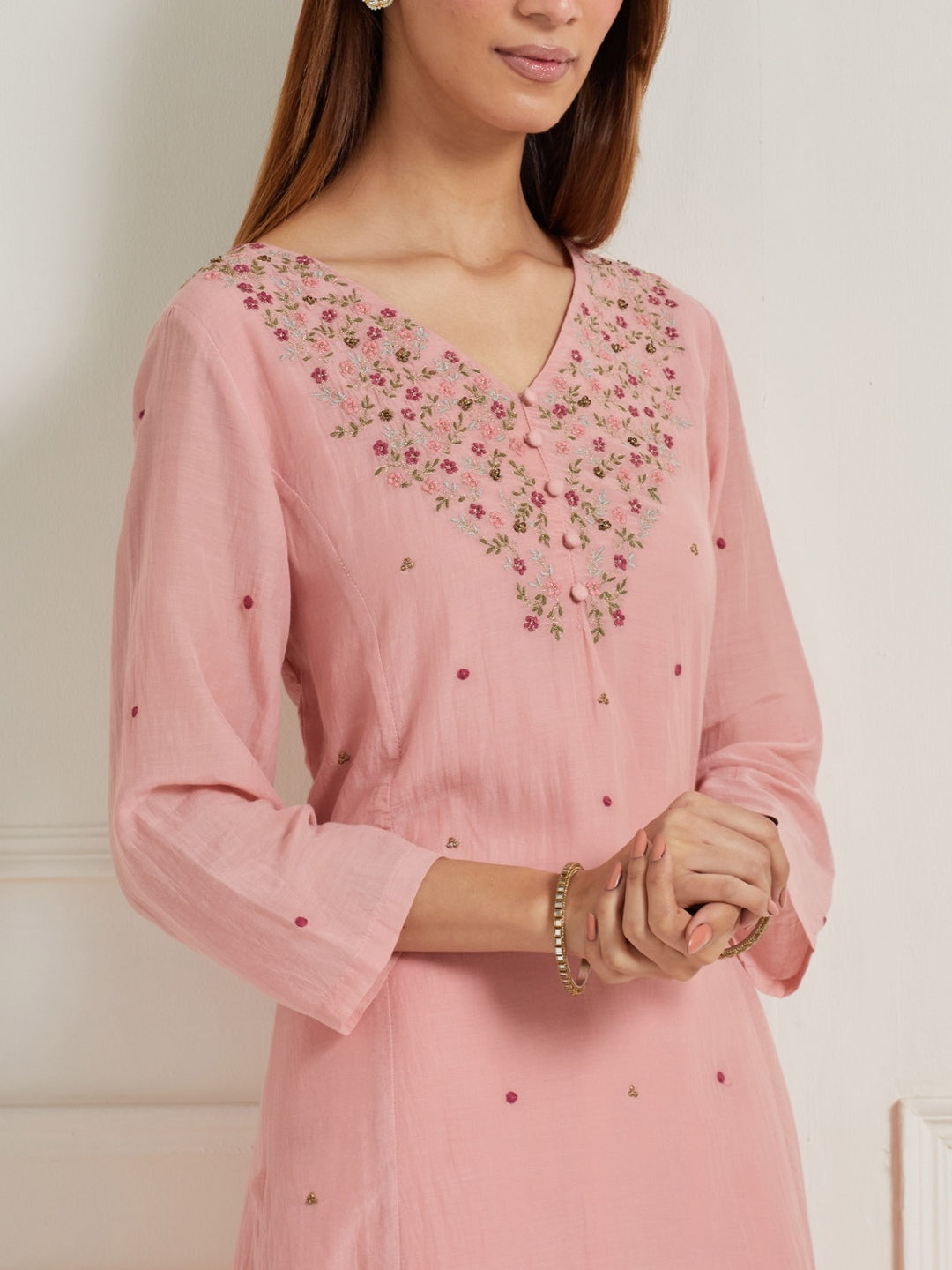 LIGHT PINK EMBROIDERED & EMBELLISHED KURTI