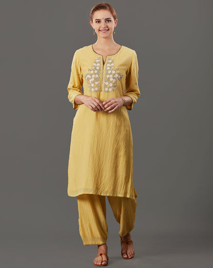 YELLOW EMBROIDERED COTTON SILK KURTA WITH PANTS