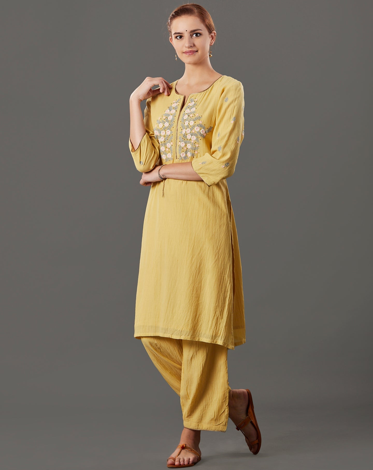 YELLOW EMBROIDERED COTTON SILK KURTA WITH PANTS