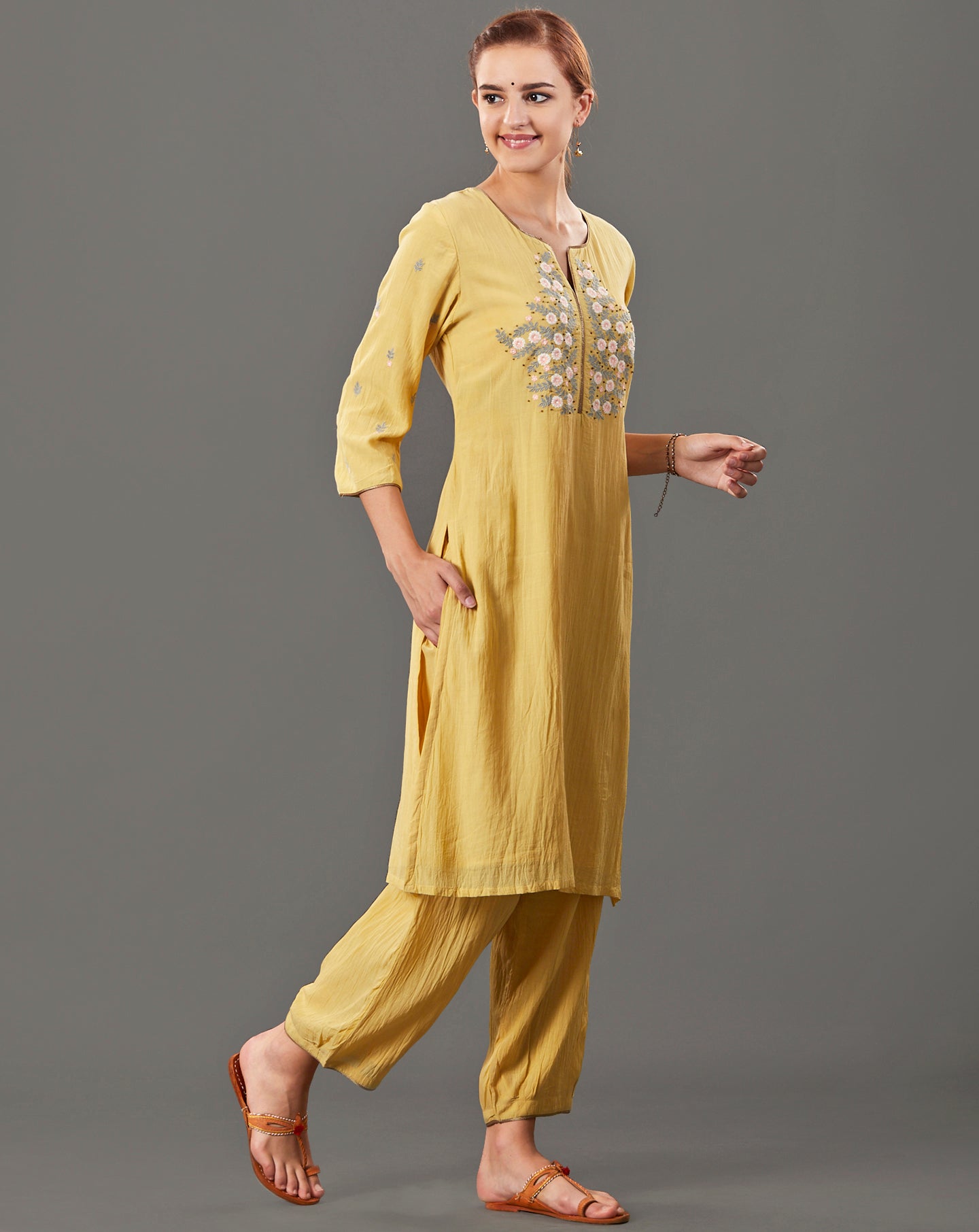 YELLOW EMBROIDERED COTTON SILK KURTA WITH PANTS