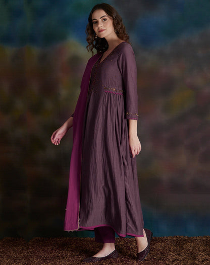 MAUVE EMBELLISHED COTTON SILK ANARKALI KURTA WITH MAGENTA PANTS