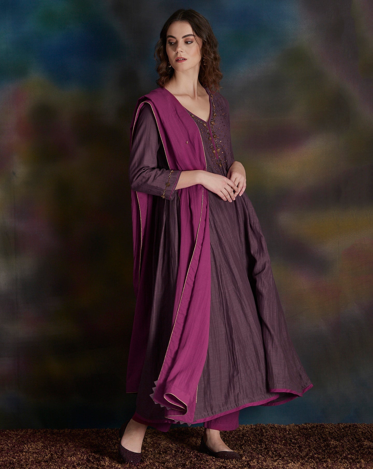 MAUVE EMBELLISHED COTTON SILK ANARKALI KURTA WITH MAGENTA PANTS