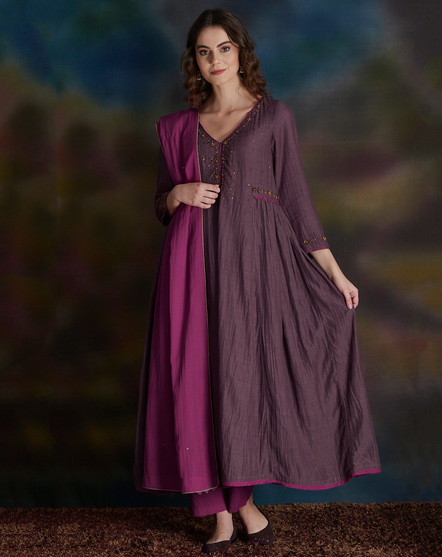 MAUVE EMBELLISHED COTTON SILK ANARKALI KURTA WITH MAGENTA PANTS