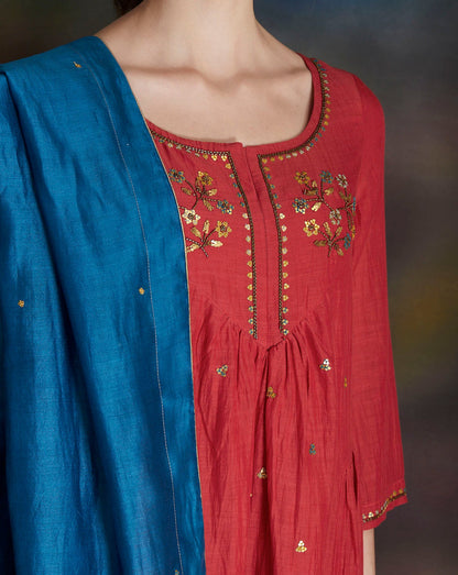 RUST EMBELLISHED COTTON SILK KURTA WITH MUSTARD YELLOW PANTS