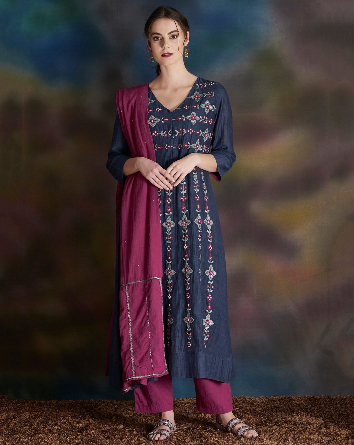 NAVY BLUE EMBROIDERED COTTON SILK KURTA WITH MAGENTA PANTS