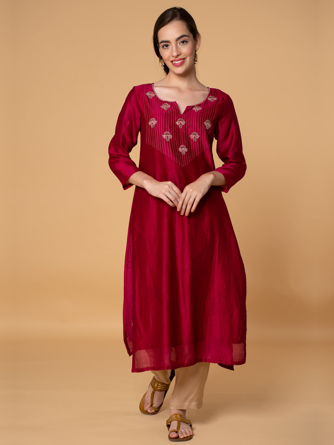 MAGENTA ZARI EMBROIDERED CHANDERI KURTA