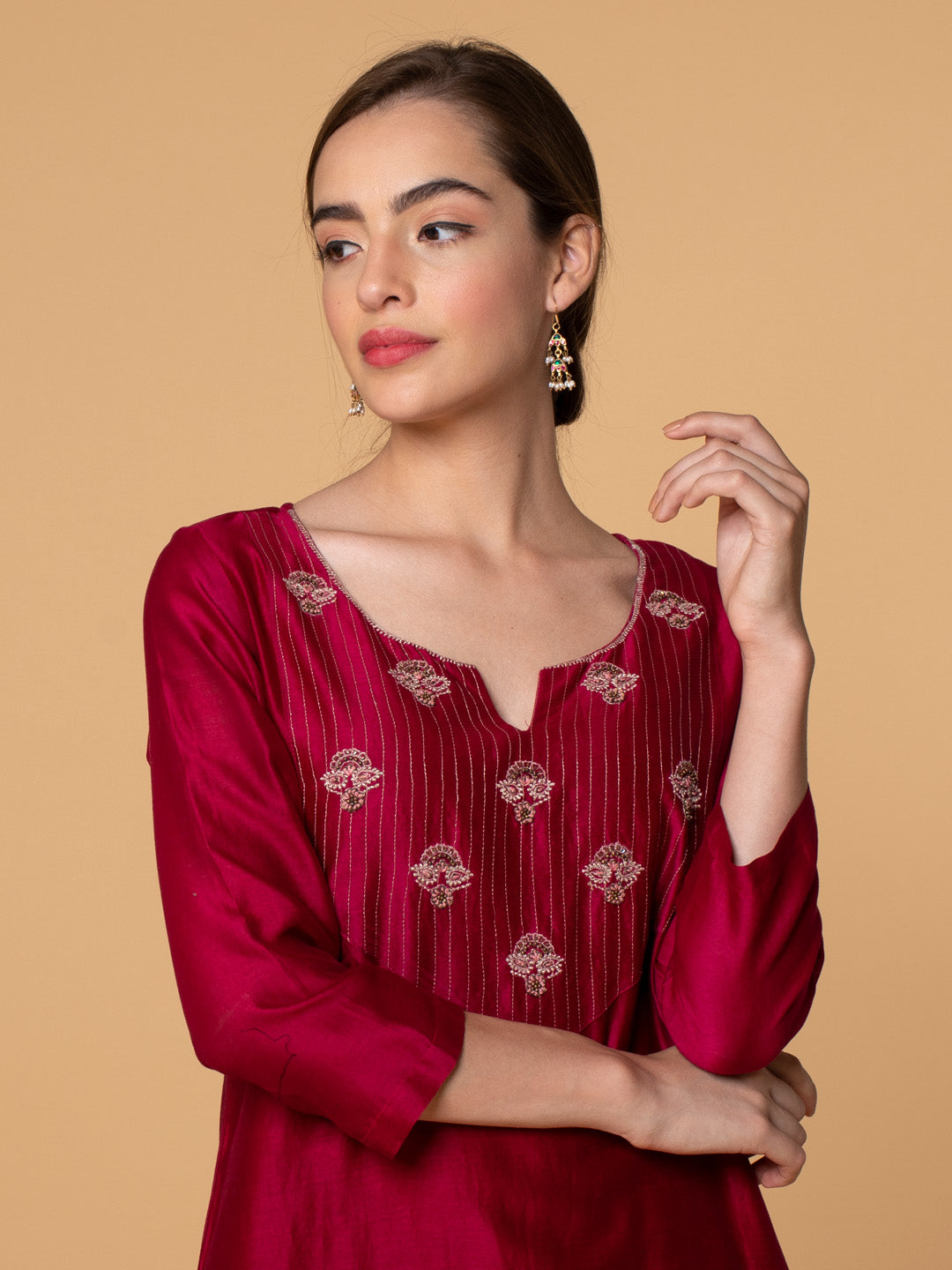 MAGENTA ZARI EMBROIDERED CHANDERI KURTA