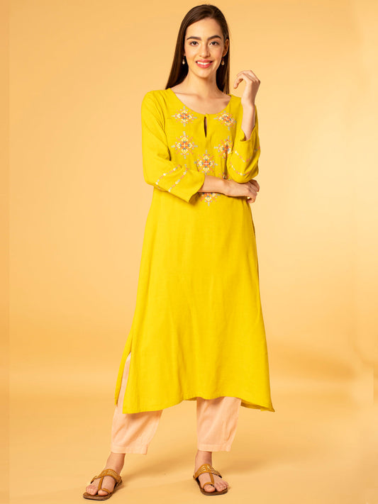 LEMON YELLOW EMBROIDERED LINEN VISCOSE KURTA WITH PEACH COTTON PANTS