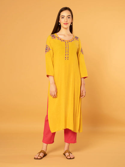 YELLOW EMBROIDERED COTTON LINEN KURTA WITH PALAZZO