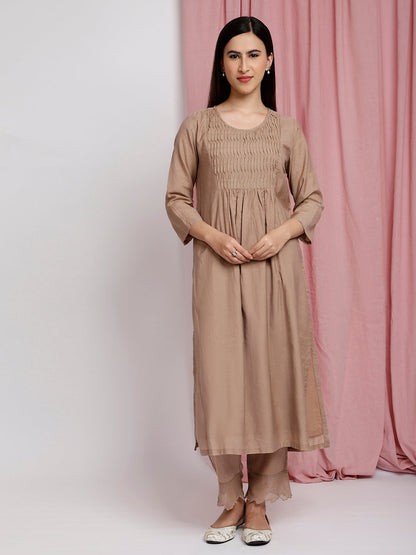 BROWN COTTON SILK PLEATED KURTA WITH PANTS