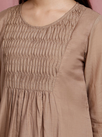 BROWN COTTON SILK PLEATED KURTA WITH PANTS