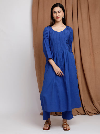 ROYAL BLUE COTTON LINEN PLEATED KURTA