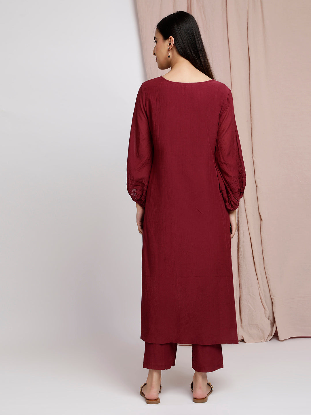 MAROON EMBROIDERED COTTON SILK PLEATED KURTA WITH PANTS