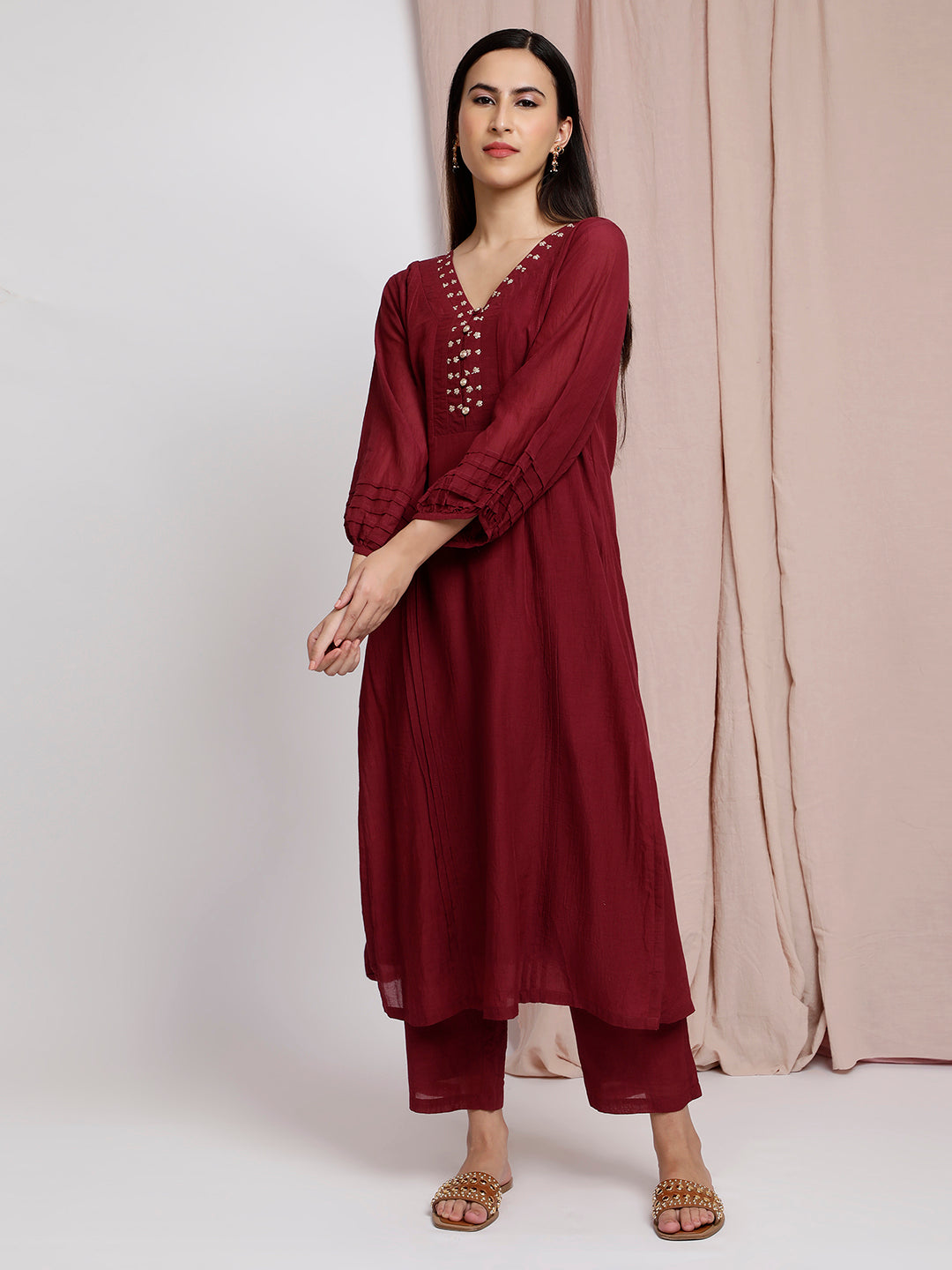 MAROON EMBROIDERED COTTON SILK PLEATED KURTA WITH PANTS