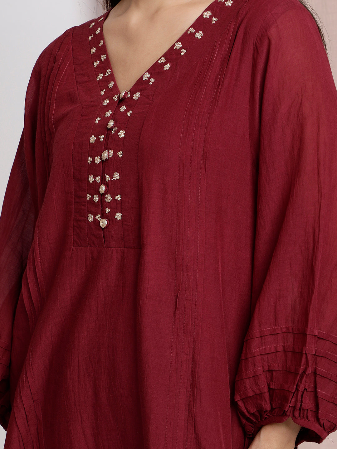 MAROON EMBROIDERED COTTON SILK PLEATED KURTA WITH PANTS