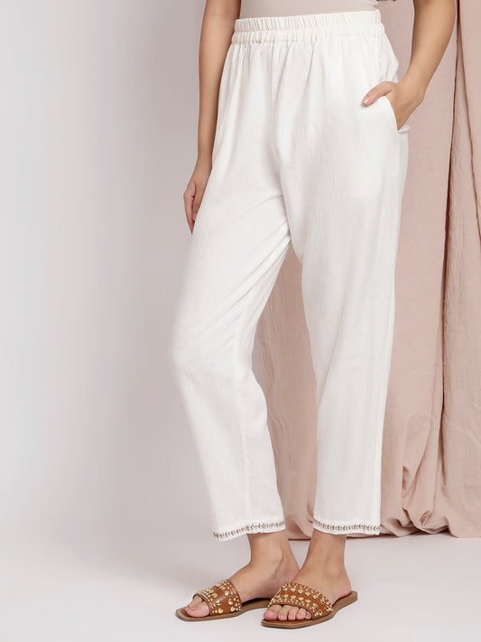 OFF-WHITE COTTON LINEN  EMBROIDERED PANTS