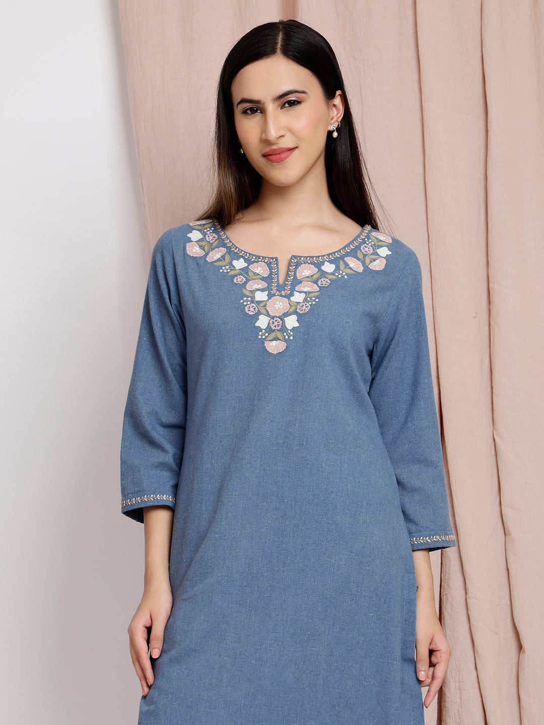 BLUE COTTON APPLIQUE EMBROIDERED KURTA