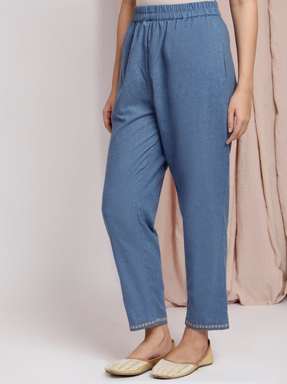 BLUE COTTON  EMBROIDERED PANT