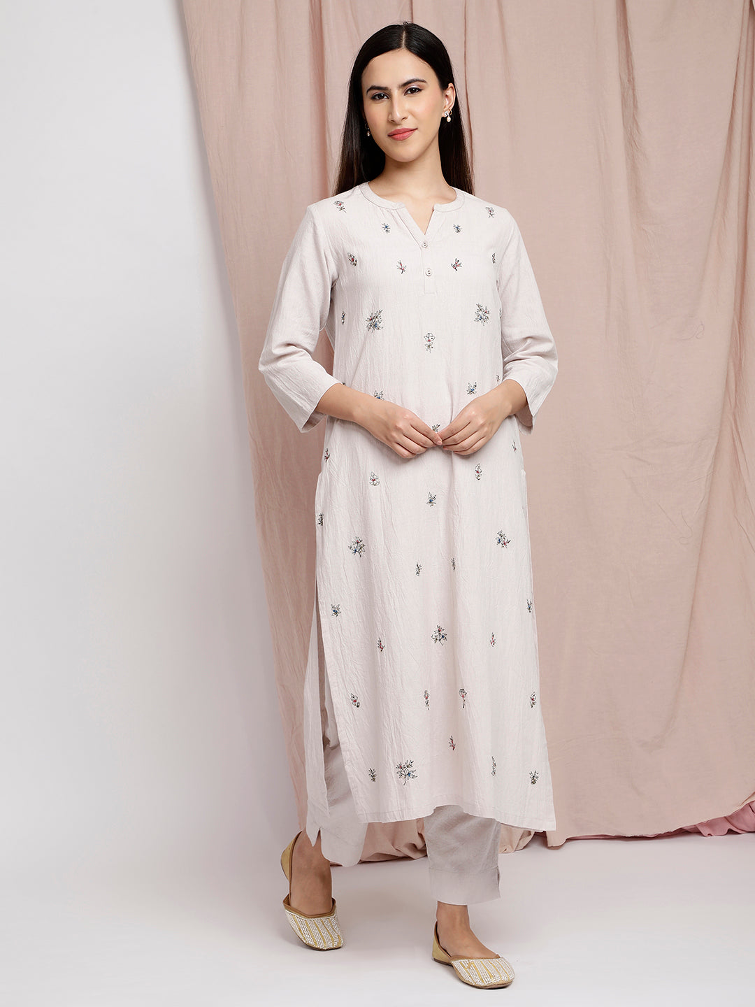 GREY COTTON LINEN EMBROIDERED KURTA WITH PANTS