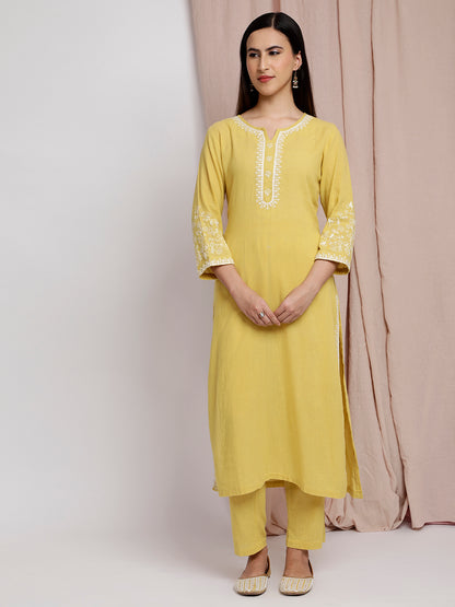 YELLOW COTTON EMBROIDERED KURTA SET