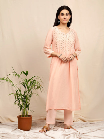 PASTEL PINK EMBROIDERED COTTON SILK KURTA