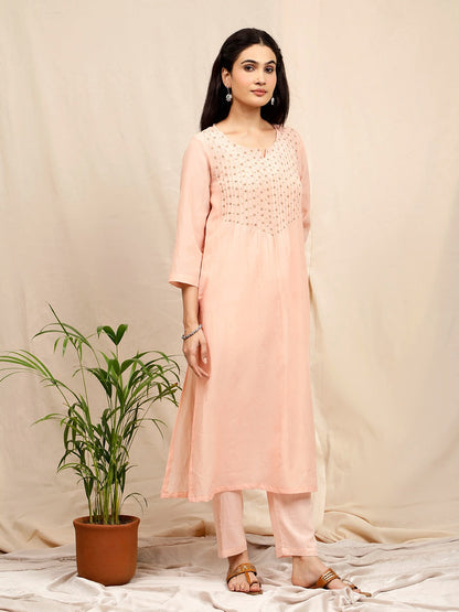 PASTEL PINK EMBROIDERED COTTON SILK KURTA