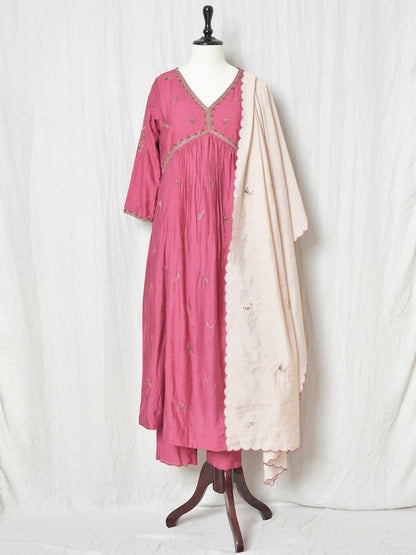 BURGUNDY PINKISH CHANDERI A-LINE GATHERED KURTI WITH PANTS AND DUPATTA (SET OF THREE)