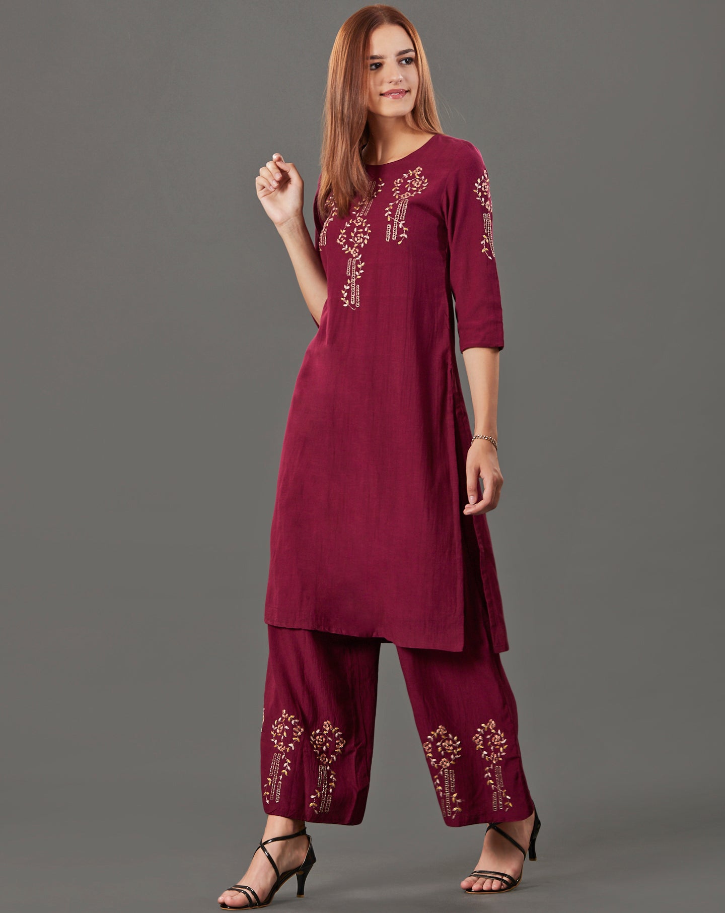 MAROON EMBROIDERED COTTON SILK KURTA WITH FLARED PALAZZO