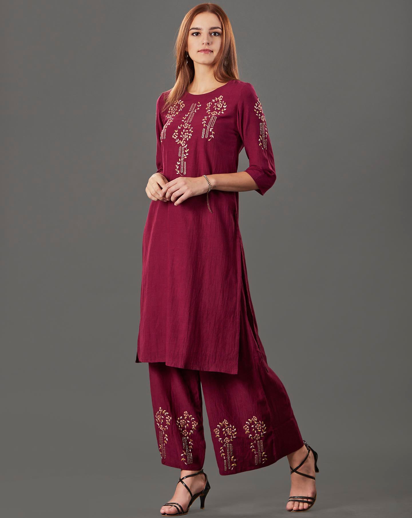 MAROON EMBROIDERED COTTON SILK KURTA WITH FLARED PALAZZO