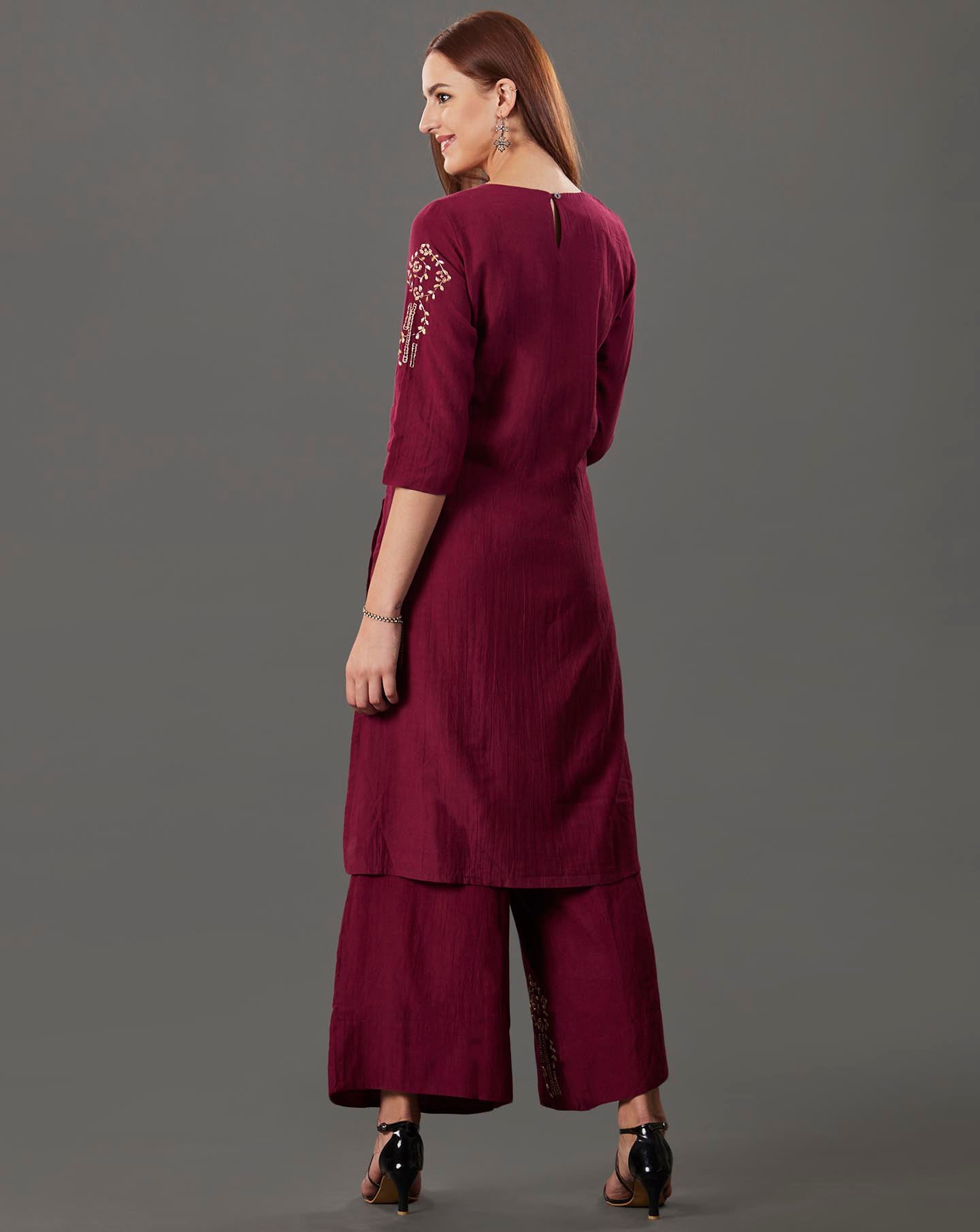 MAROON EMBROIDERED COTTON SILK KURTA WITH FLARED PALAZZO