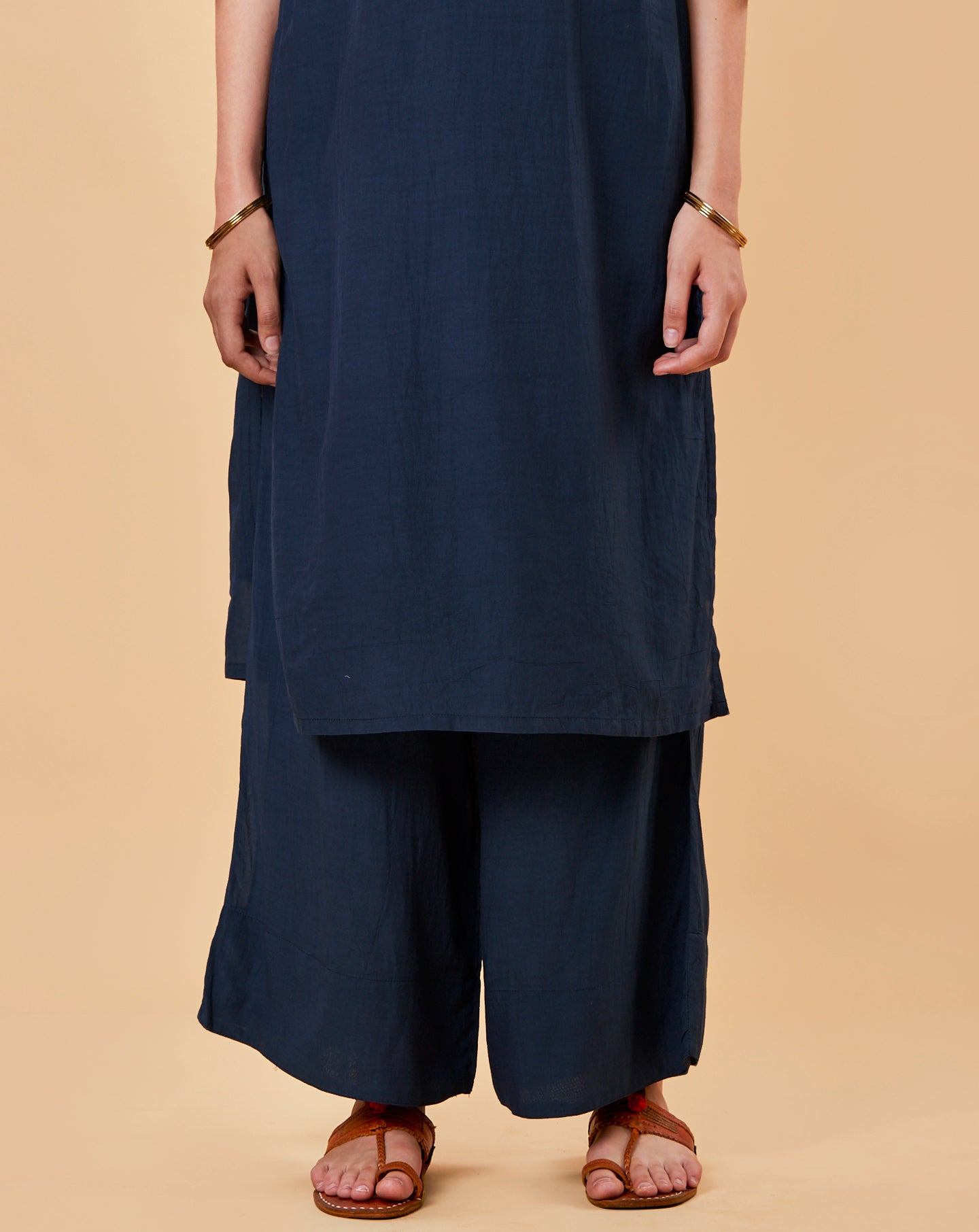 BLUE EMBROIDERED COTTON SILK KURTA WITH FLARED PALAZZO