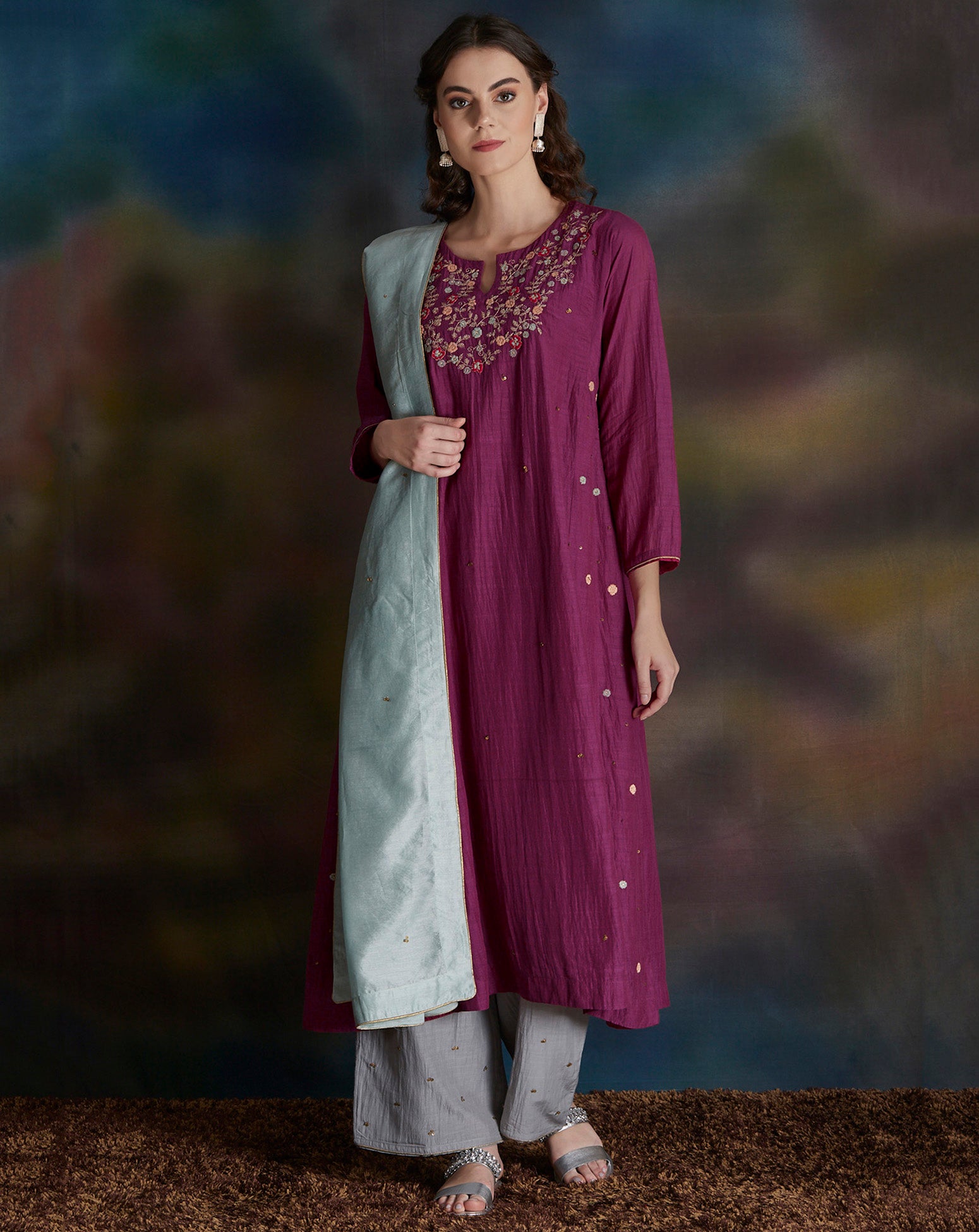 Dharya magenta-embroidered-cotton-silk-kurta-with-grey-palazzo