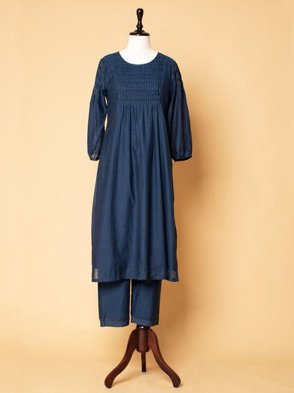 NAVY BLUE COTTON SILK PLEATED KURTA