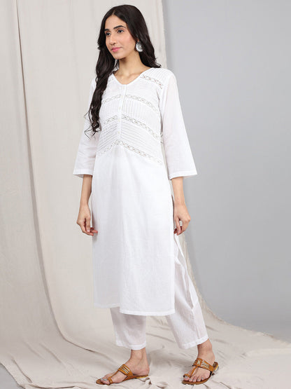 WHITE COTTON DOBBY PINTUCK KURTA