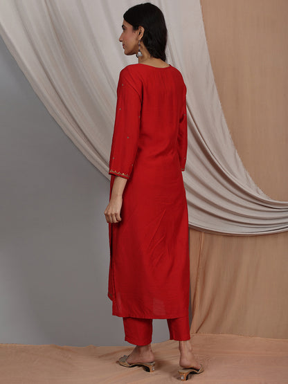 RED EMBELLISHED CHANDERI KURTA WITH PANTS