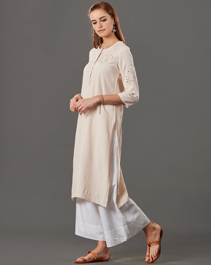 CREAM CUTWORK EMBROIDERED COTTON KURTA WITH WHITE PALAZZO